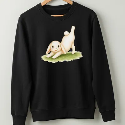 Watercolor design of a rabbit in Three Legged Dog yoga pose with green accents — printed on a unisex sweatshirt