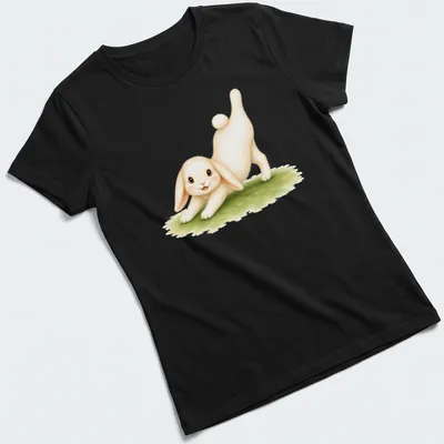 Watercolor design of a rabbit in Three Legged Dog yoga pose with green accents — printed on a women's shirt