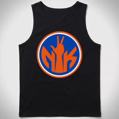 Bold typography t-shirt with a hand making a victory sign and Knicks colors. — printed on a tank top