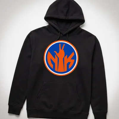 Bold typography t-shirt with a hand making a victory sign and Knicks colors. — printed on a unisex hoodie