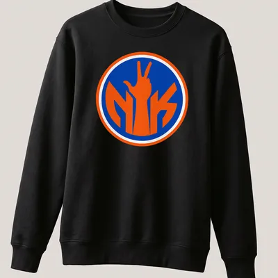 Bold typography t-shirt with a hand making a victory sign and Knicks colors. — printed on a unisex sweatshirt