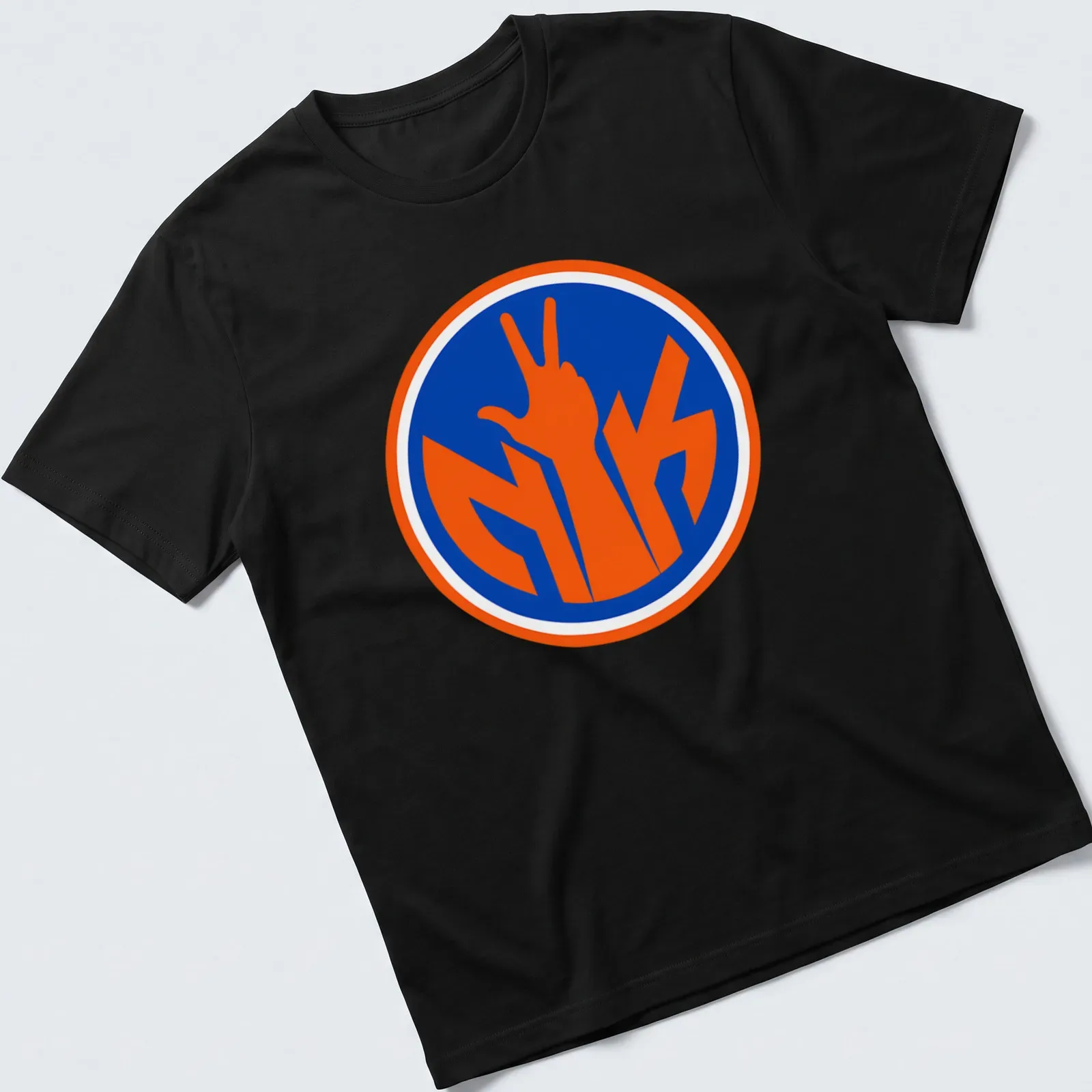 Bold typography t-shirt with a hand making a victory sign and Knicks colors. — printed on a unisex t-shirt