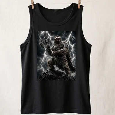 Realistic sloth warrior with a battle axe in a stormy setting — printed on a tank top
