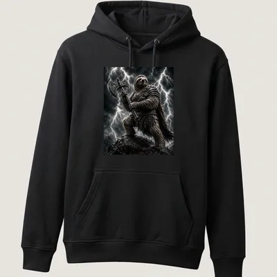 Realistic sloth warrior with a battle axe in a stormy setting — printed on a unisex hoodie