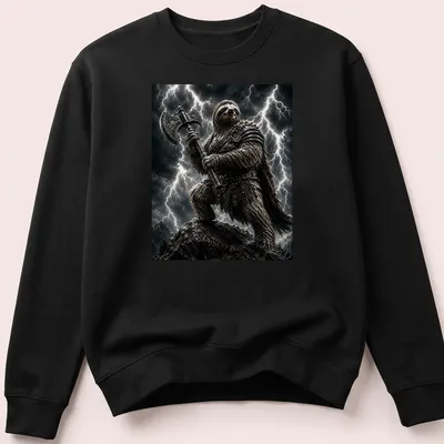 Realistic sloth warrior with a battle axe in a stormy setting — printed on a unisex sweatshirt