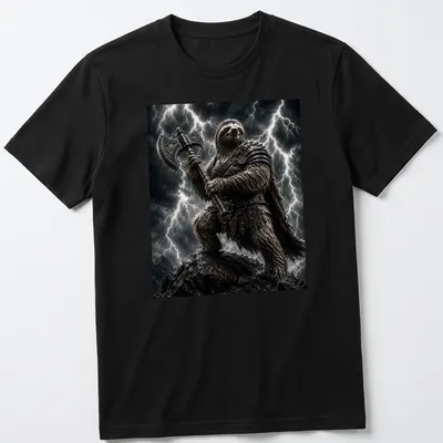 Realistic sloth warrior with a battle axe in a stormy setting — printed on a unisex t-shirt