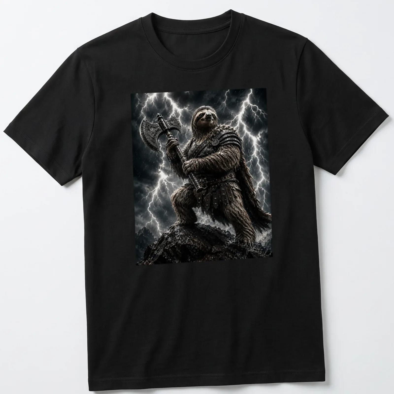 Realistic sloth warrior with a battle axe in a stormy setting — printed on a unisex t-shirt