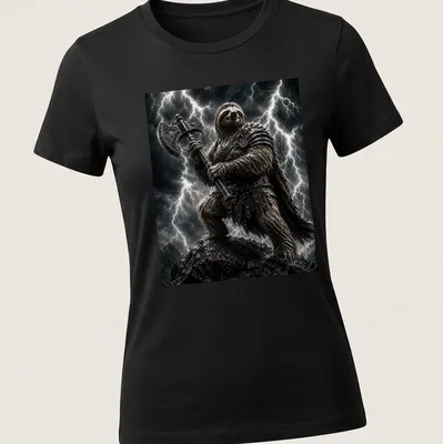Realistic sloth warrior with a battle axe in a stormy setting — printed on a women's shirt