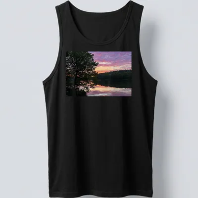 Photographic print of a serene lake at sunrise with colorful reflections and text. — printed on a tank top