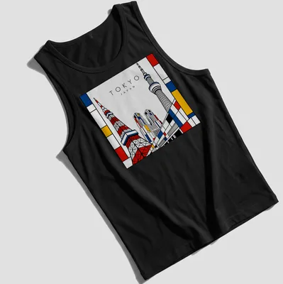 Illustrated Tokyo Tower and skyscrapers in Mondrian style with bold colors — printed on a tank top