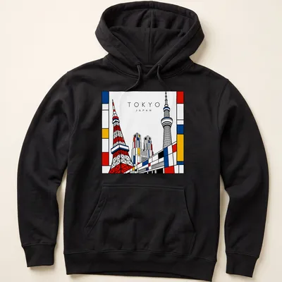 Illustrated Tokyo Tower and skyscrapers in Mondrian style with bold colors — printed on a unisex hoodie