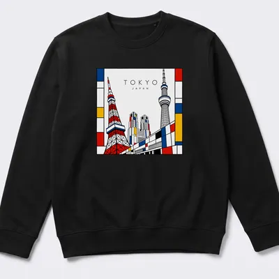 Illustrated Tokyo Tower and skyscrapers in Mondrian style with bold colors — printed on a unisex sweatshirt