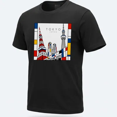 Illustrated Tokyo Tower and skyscrapers in Mondrian style with bold colors