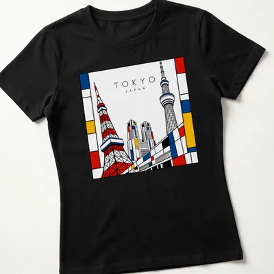 Illustrated Tokyo Tower and skyscrapers in Mondrian style with bold colors — printed on a women's shirt