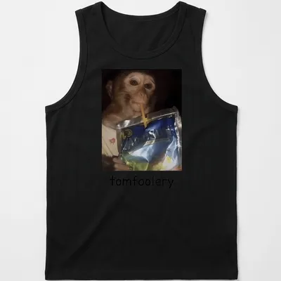 Realistic print of a monkey drinking juice from a pouch, featuring vibrant colors — printed on a tank top