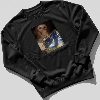 Realistic print of a monkey drinking juice from a pouch, featuring vibrant colors — printed on a unisex sweatshirt