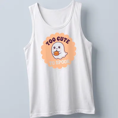Kawaii ghost holding a pumpkin with text 'TOO CUTE TO SPOOK' — printed on a tank top