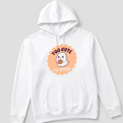 Kawaii ghost holding a pumpkin with text 'TOO CUTE TO SPOOK' — printed on a unisex hoodie