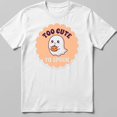 Kawaii ghost holding a pumpkin with text 'TOO CUTE TO SPOOK'