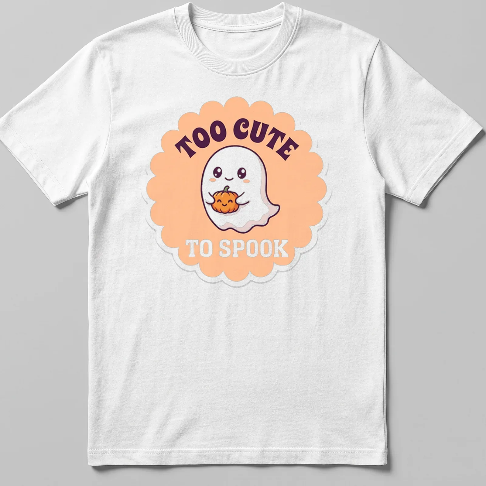 Kawaii ghost holding a pumpkin with text 'TOO CUTE TO SPOOK' — printed on a unisex t-shirt