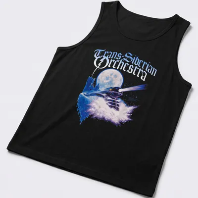 Fantasy illustration of a train with 'Trans-Siberian Orchestra' above in blue, purple, and white. — printed on a tank top