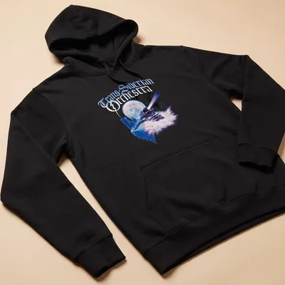 Fantasy illustration of a train with 'Trans-Siberian Orchestra' above in blue, purple, and white. — printed on a unisex hoodie
