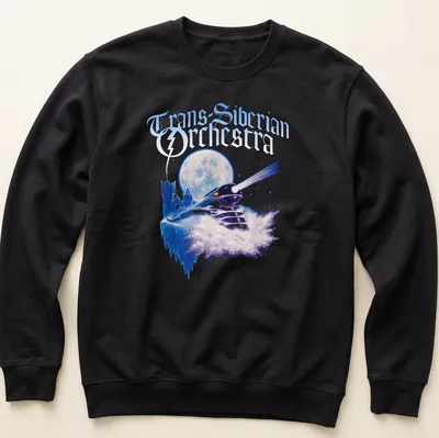 Fantasy illustration of a train with 'Trans-Siberian Orchestra' above in blue, purple, and white. — printed on a unisex sweatshirt