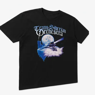 Fantasy illustration of a train with 'Trans-Siberian Orchestra' above in blue, purple, and white. — printed on a unisex t-shirt (angled view)