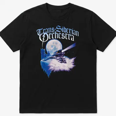 Fantasy illustration of a train with 'Trans-Siberian Orchestra' above in blue, purple, and white.