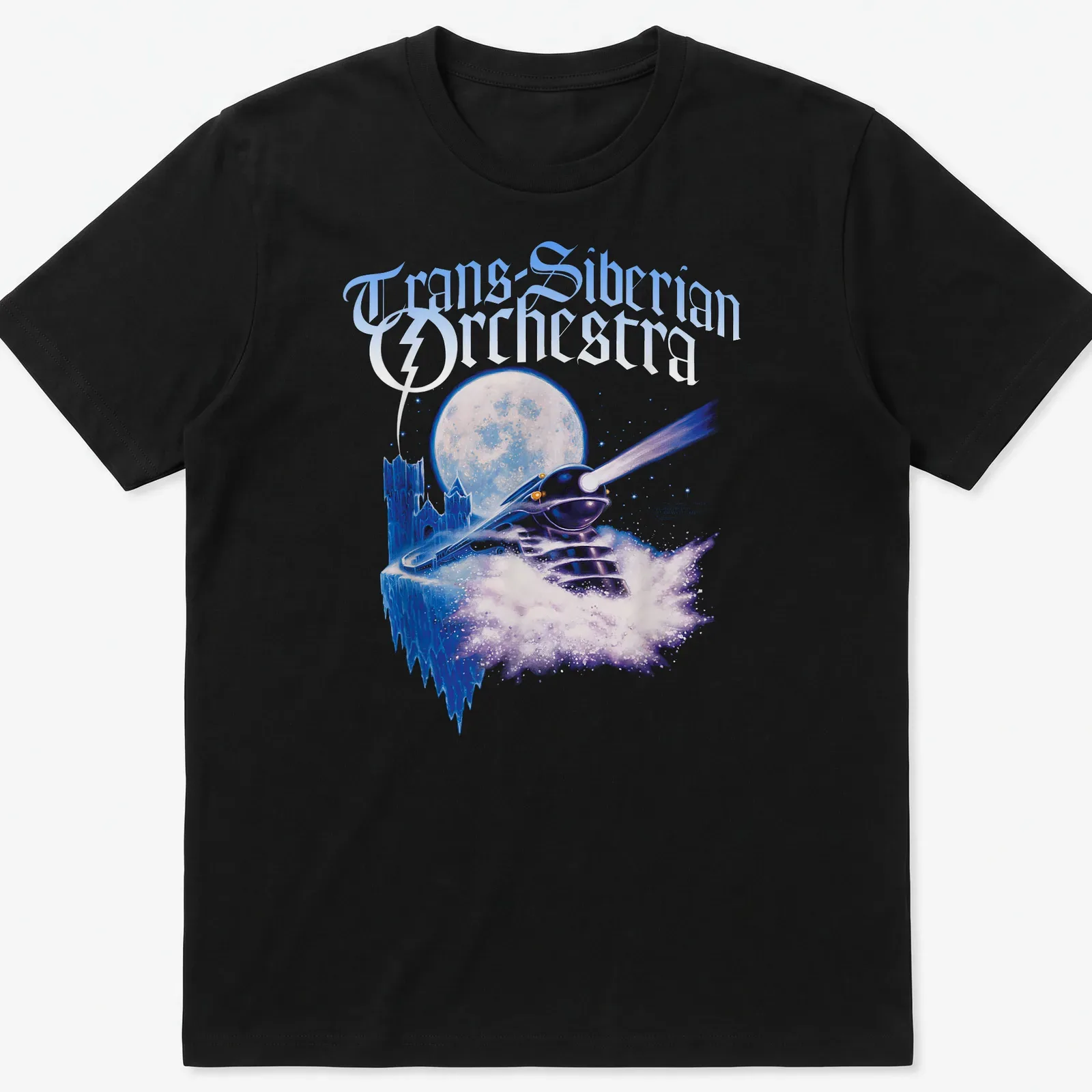 Fantasy illustration of a train with 'Trans-Siberian Orchestra' above in blue, purple, and white. — printed on a unisex t-shirt