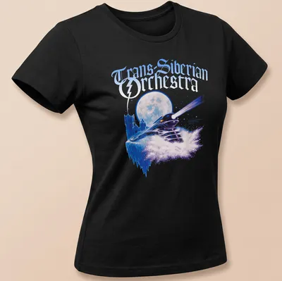 Fantasy illustration of a train with 'Trans-Siberian Orchestra' above in blue, purple, and white. — printed on a women's shirt
