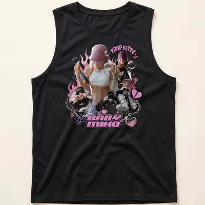 Playful illustration of a stylish woman with urban elements and the text Trap Kitty Baby Miko — printed on a tank top