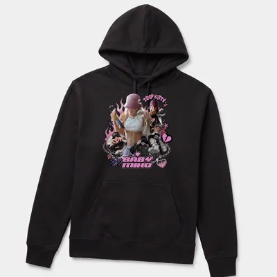 Playful illustration of a stylish woman with urban elements and the text Trap Kitty Baby Miko — printed on a unisex hoodie