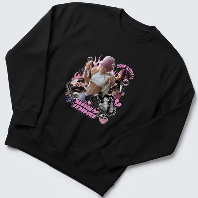 Playful illustration of a stylish woman with urban elements and the text Trap Kitty Baby Miko — printed on a unisex sweatshirt