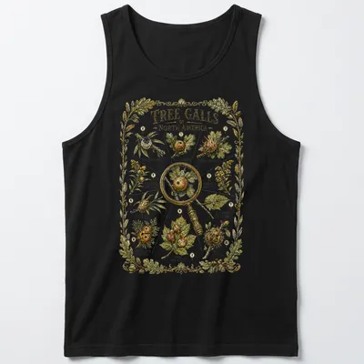 Botanical illustration of tree galls on a nature guide — printed on a tank top
