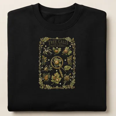 Botanical illustration of tree galls on a nature guide — printed on a unisex sweatshirt