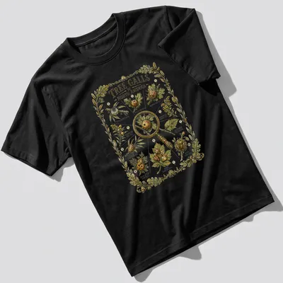 Botanical illustration of tree galls on a nature guide shirt
