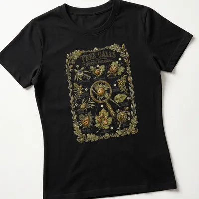Botanical illustration of tree galls on a nature guide — printed on a women's shirt