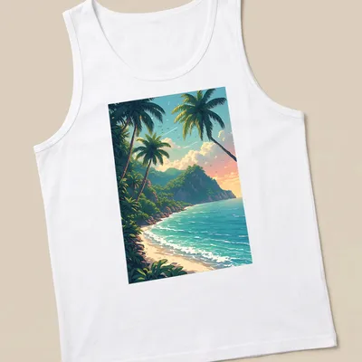 Vibrant beach scene t-shirt featuring palm trees and tropical colors — printed on a tank top