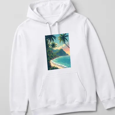 Vibrant beach scene t-shirt featuring palm trees and tropical colors — printed on a unisex hoodie