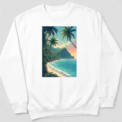 Vibrant beach scene t-shirt featuring palm trees and tropical colors — printed on a unisex sweatshirt