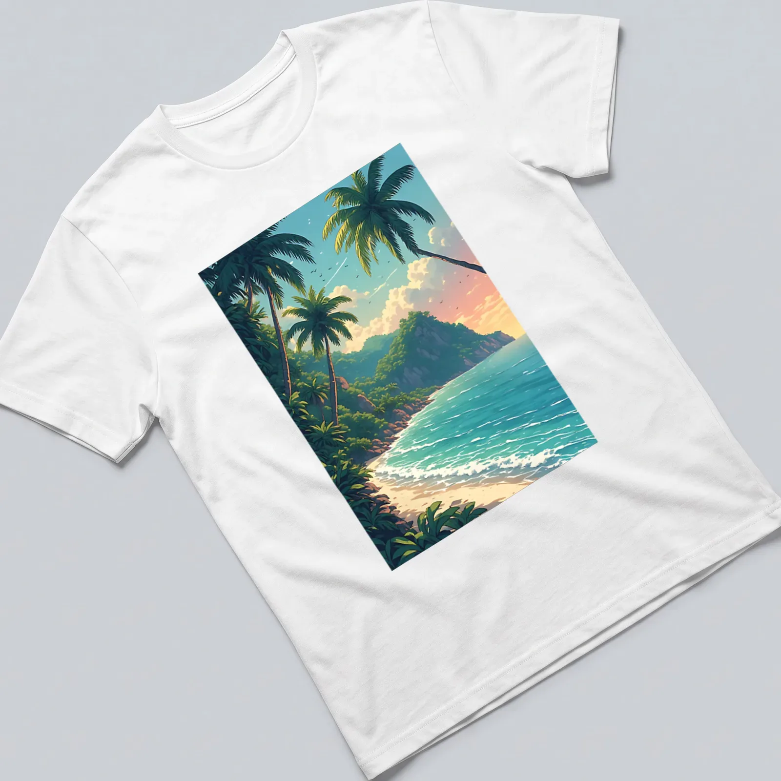 Vibrant beach scene t-shirt featuring palm trees and tropical colors — printed on a unisex t-shirt
