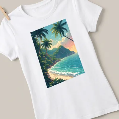 Vibrant beach scene t-shirt featuring palm trees and tropical colors — printed on a women's shirt