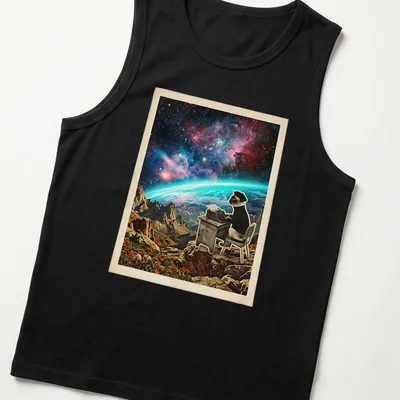 Siamese cat illustration with vintage cosmic style and colorful text. — printed on a tank top