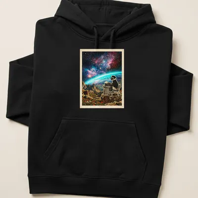 Siamese cat illustration with vintage cosmic style and colorful text. — printed on a unisex hoodie