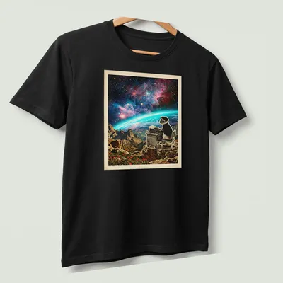 Siamese cat illustration with vintage cosmic style and colorful text. — printed on a unisex t-shirt (angled view)