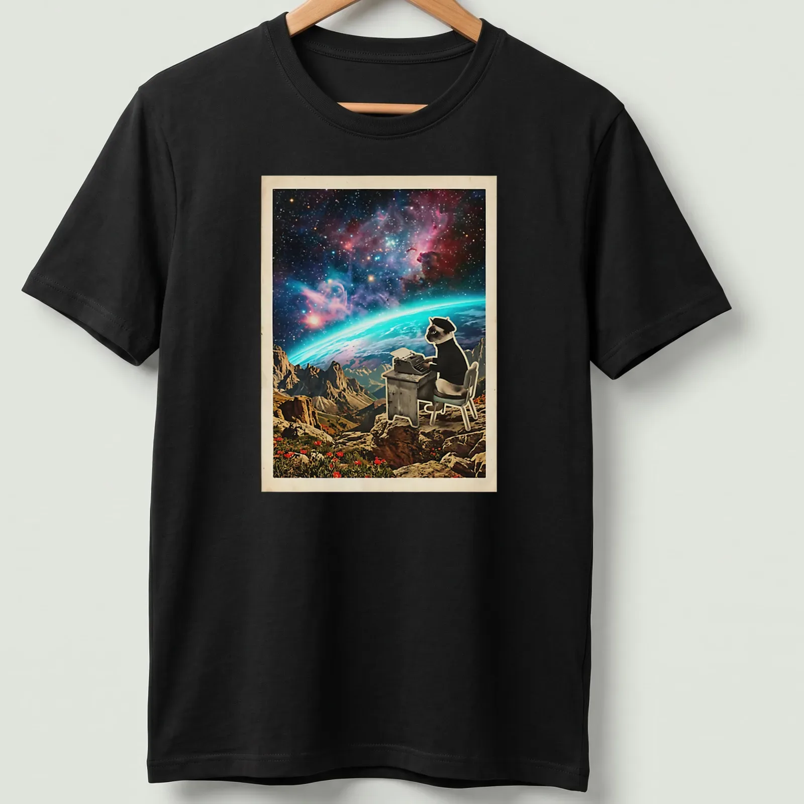 Siamese cat illustration with vintage cosmic style and colorful text. — printed on a unisex t-shirt