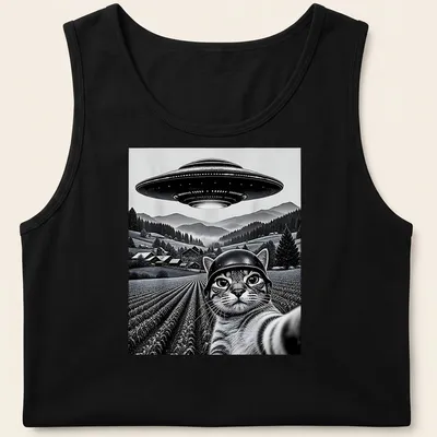 Retro print of a cat taking a selfie with the phrase UFO Cat Selfie — printed on a tank top