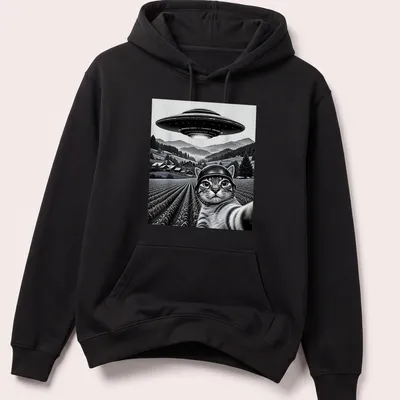Retro print of a cat taking a selfie with the phrase UFO Cat Selfie — printed on a unisex hoodie