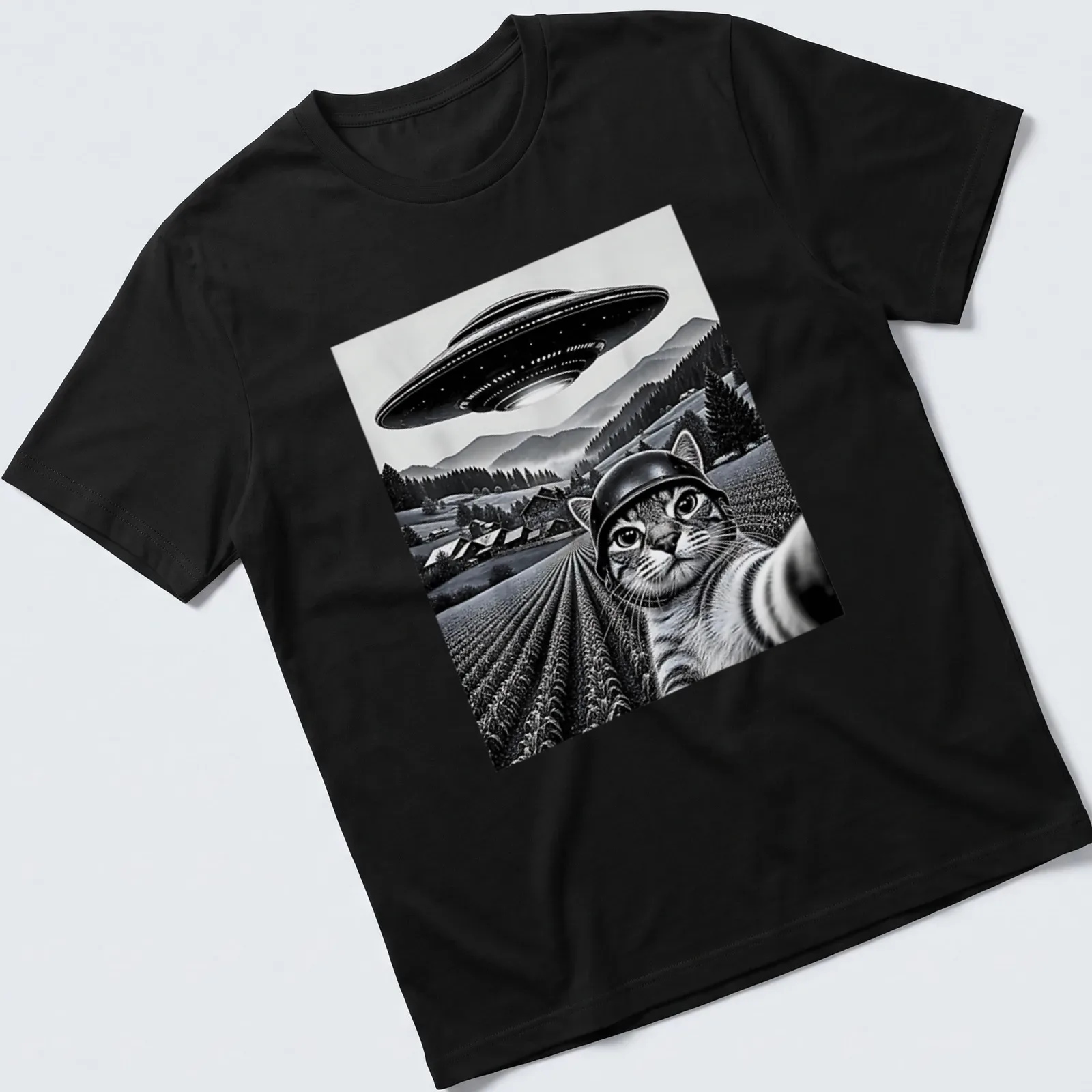 Retro print of a cat taking a selfie with the phrase UFO Cat Selfie — printed on a unisex t-shirt